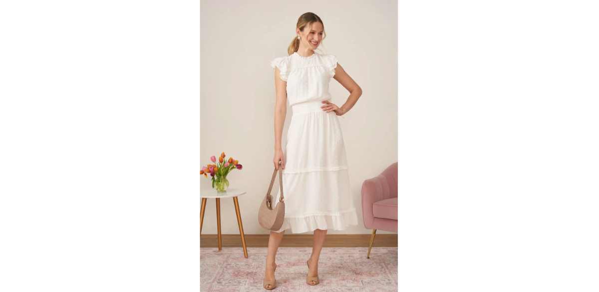 CECE Clip Dot Flutter Sleeve Midi Dress