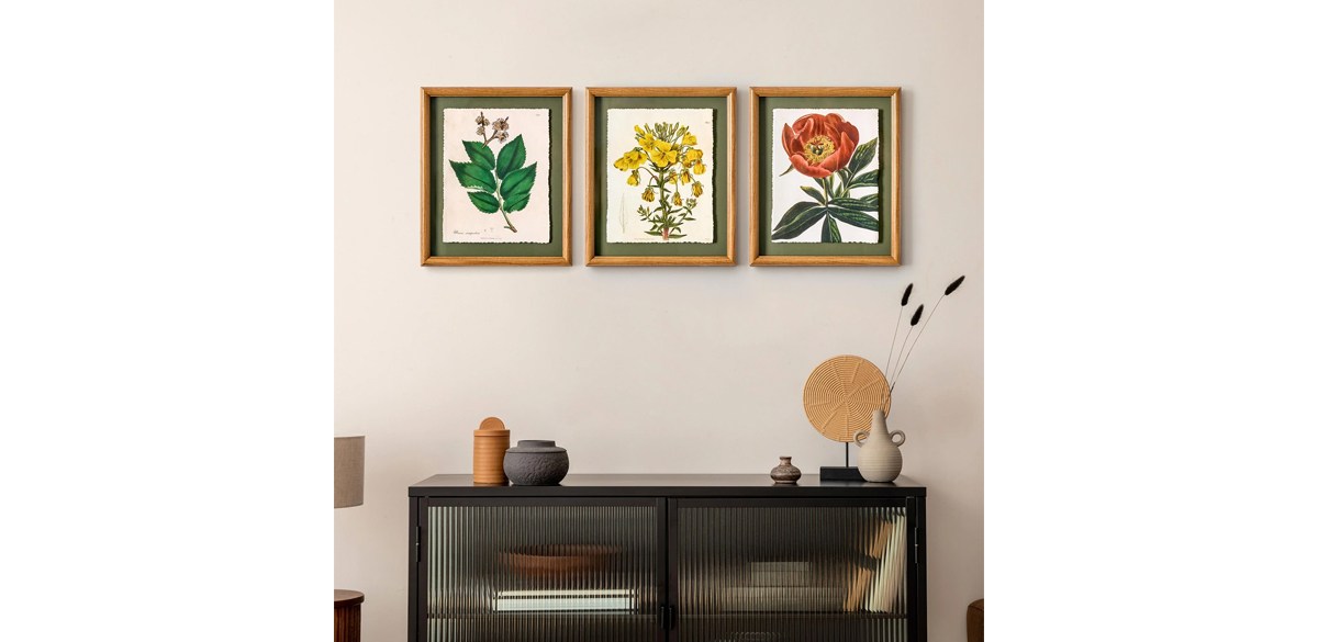 Beautiful Framed Vintage Florals Elm Tree Leaves-Yellow Flowers-Peony Flower 3-Piece Set