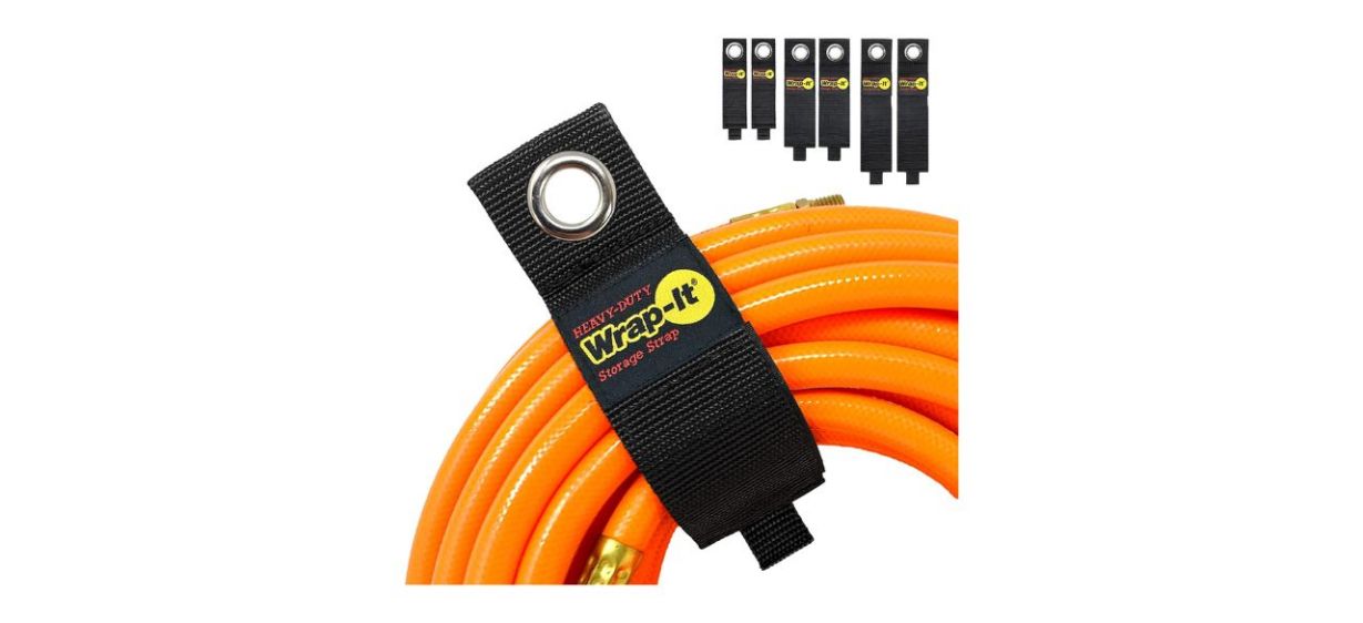 Heavy-Duty Wrap-It Storage Straps holding a hose Heavy-Duty Wrap-It Storage Straps holding a hose