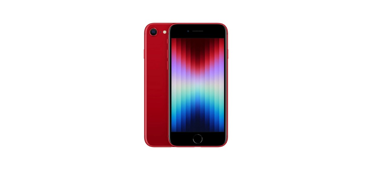 Red iPhone SE on white background