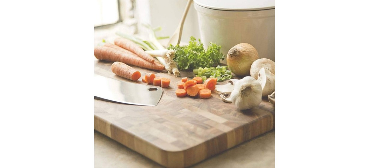 Ironwood Gourmet End-Grain Acacia Cutting Board with veggies on countertop