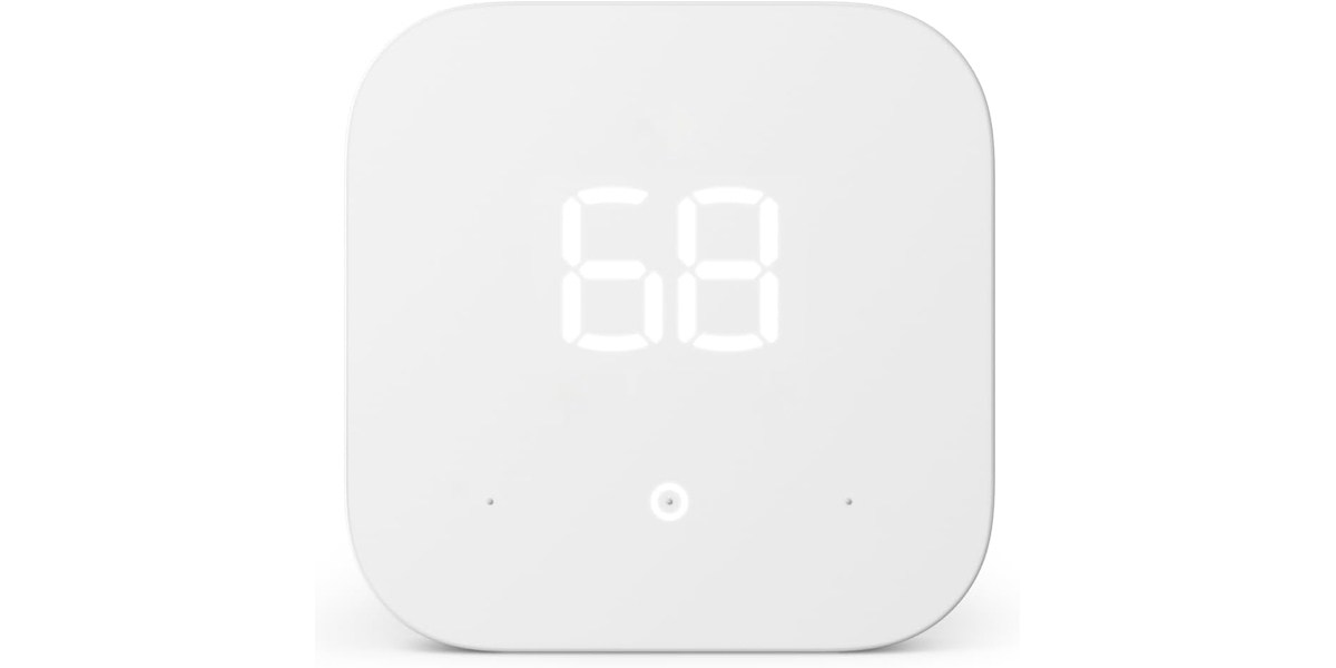 A square white smart thermostat with rounded edges