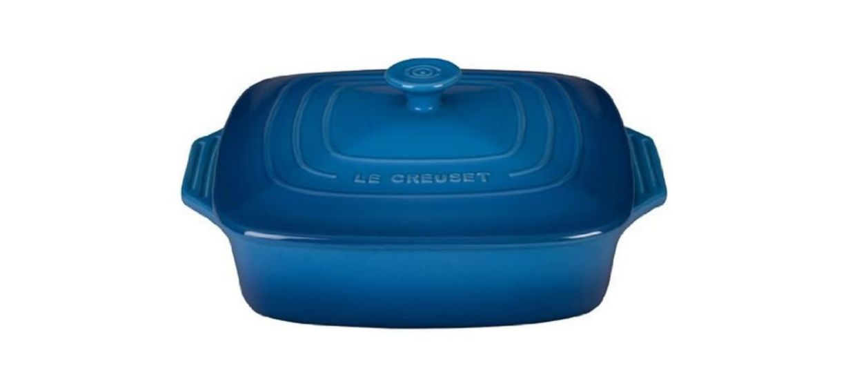 Best Le Creuset Stoneware Covered Square Casserole Dish With Lid, in a bright blue shade called &quot;Marseille&quot;