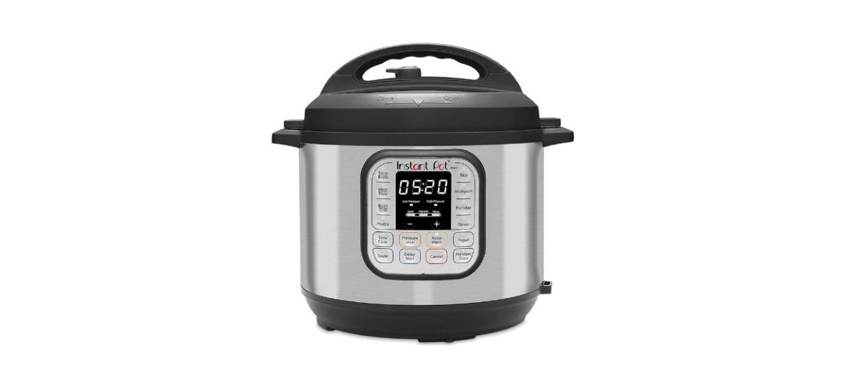 a stainless steel instant pot with a black lid on a white background