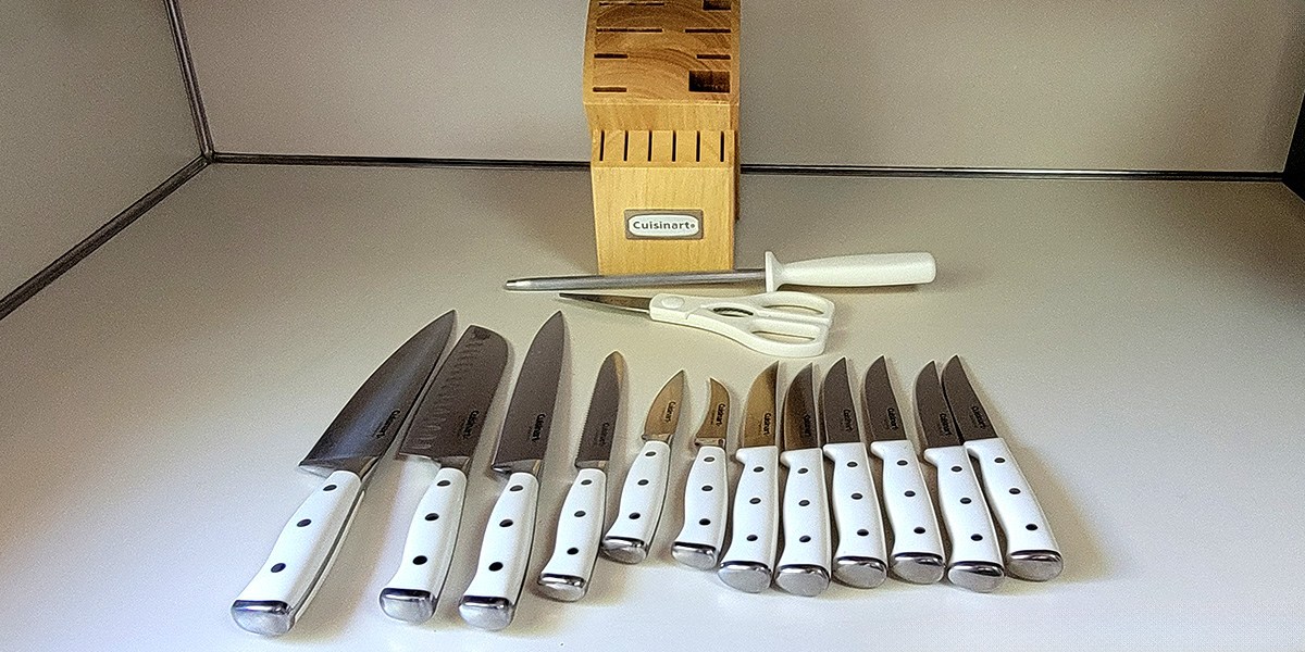 Cuisinart 15-Piece Knife Set with Block on counter with knives in front Cuisinart 15-Piece Knife Set with Block on counter with knives in front