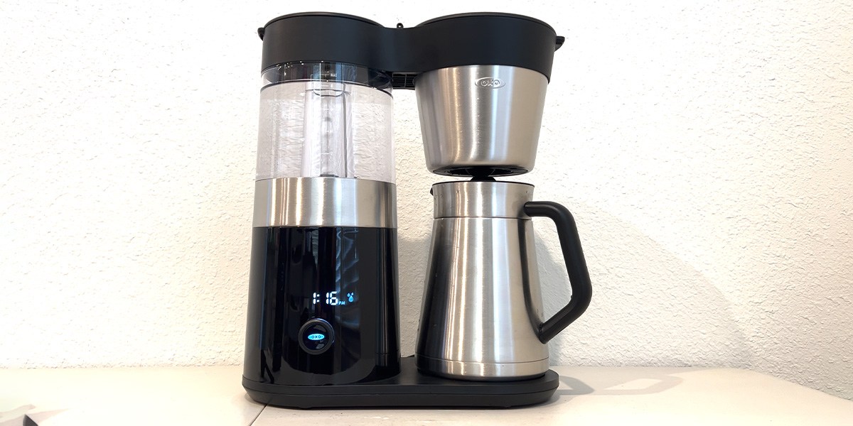 Front view of OXO Brew 9-Cup Coffee Maker on countertop Front view of OXO Brew 9-Cup Coffee Maker on countertop