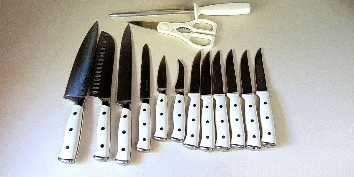 Cuisinart knives displayed on kitchen counter Cuisinart knives displayed on kitchen counter