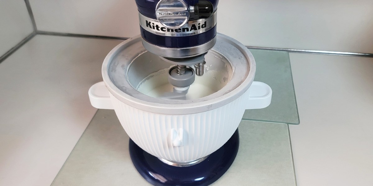 KitchenAid Ice Cream Maker Attachment in use on kitchen counter KitchenAid Ice Cream Maker Attachment in use on kitchen counter