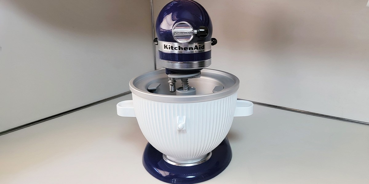 Front view of KitchenAid Ice Cream Maker Attachment on kitchen counter Front view of KitchenAid Ice Cream Maker Attachment on kitchen counter