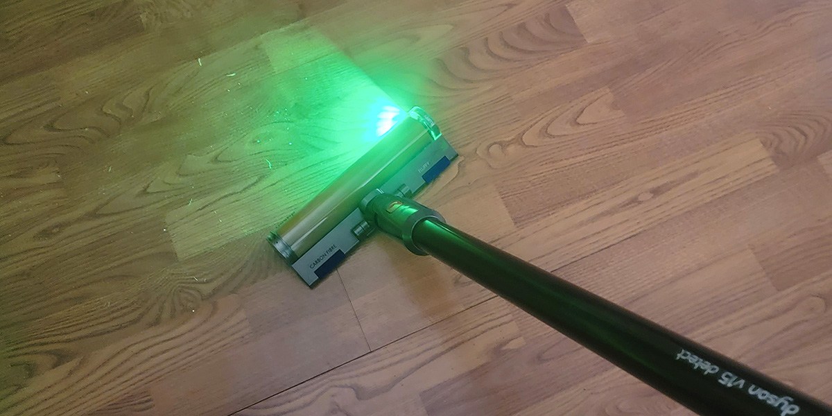 Dyson V15 Detect on hard flooring with front light on Dyson V15 Detect on hard flooring with front light on