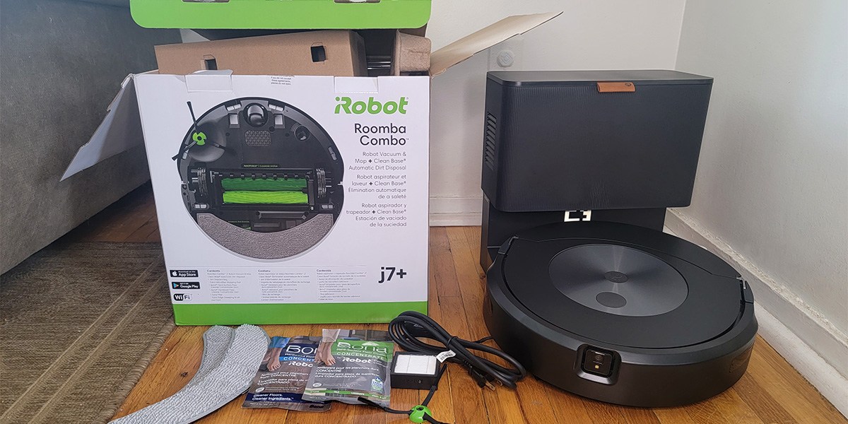 Roomba Combo j7+ next to product packaging Roomba Combo j7+ next to product packaging