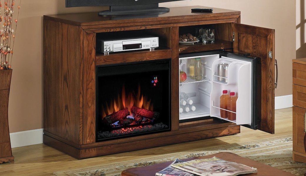 Tv stand with mini deals fridge and fireplace