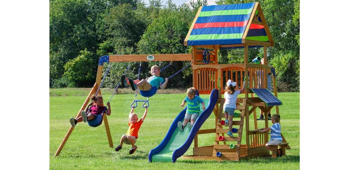 Backyard Discovery Beach Front Cedar Wood Swing Set, Slide, Play Deck, Monkey Bars
