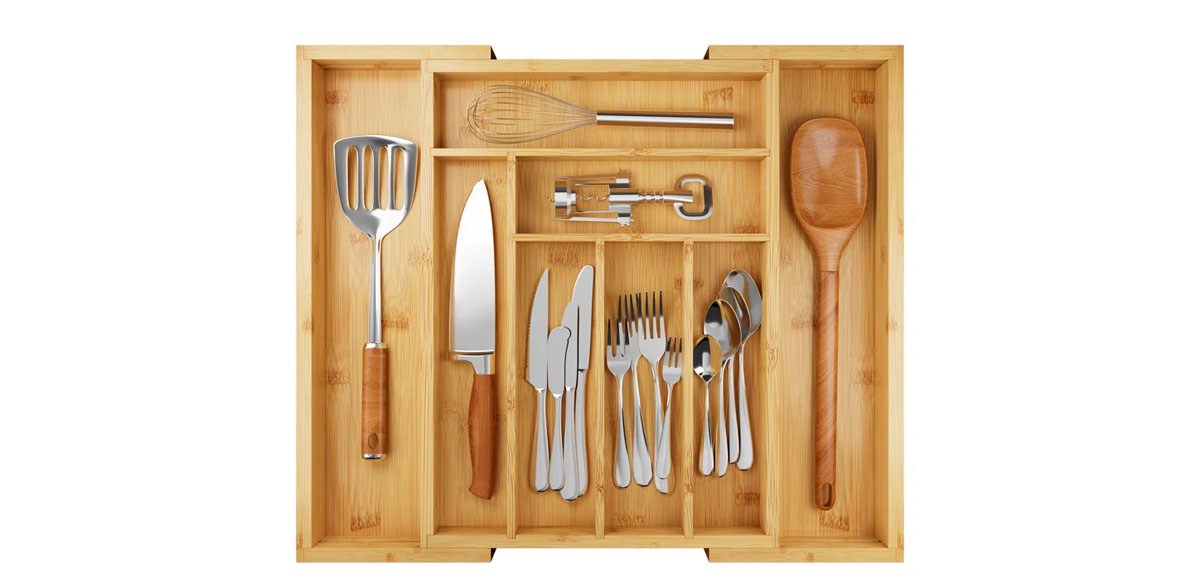 Luzius Bamboo Adjustable Expandable 8 Slot Flatware Drawer Organizer Silverware Organizer for Kitchen Utensils