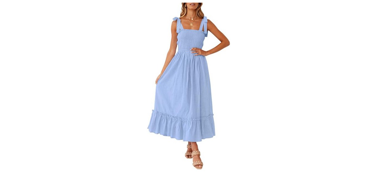 Blue ZESICA Boho Spaghetti Strap Dress on white background