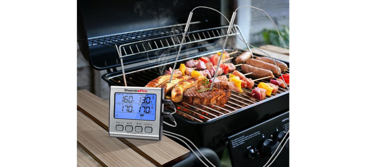 ThermoPro TP-17 Dual Probe Digital Cooking Meat Thermometer next to meat on grill