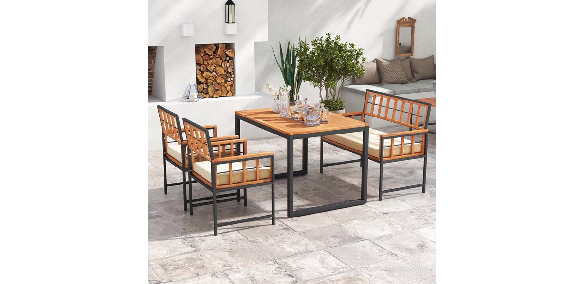 Costway 4 Piece Patio Dining Set Outdoor Wood Dining Furniture with 2 Chairs &amp; 1 Loveseat