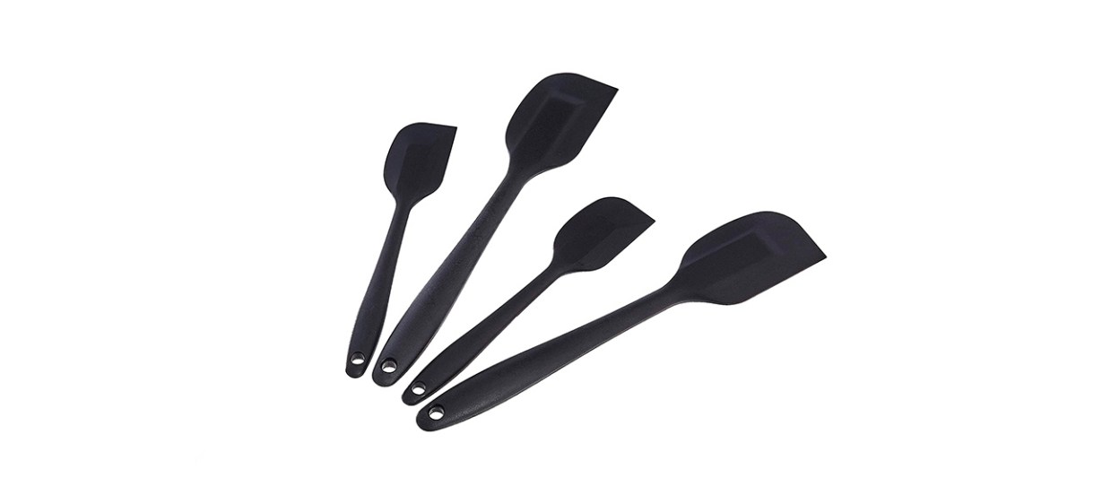 A set of four silicone spatulas of different sizes. Two are small and two are big.