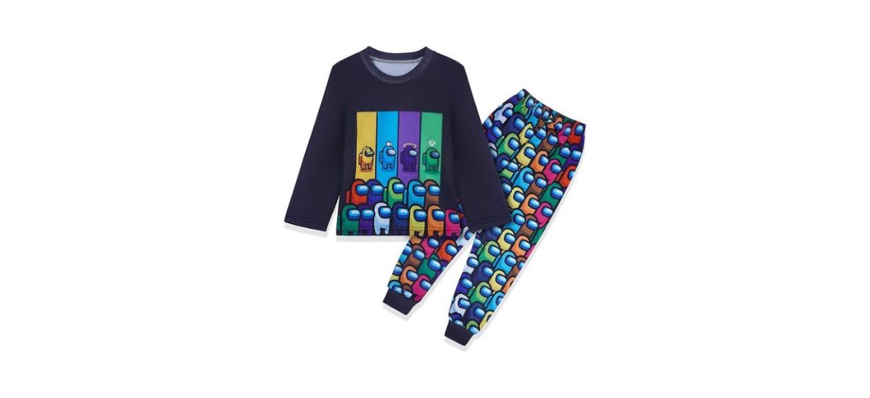 black long sleeve shirt and long pants with images of Among Us characters on them