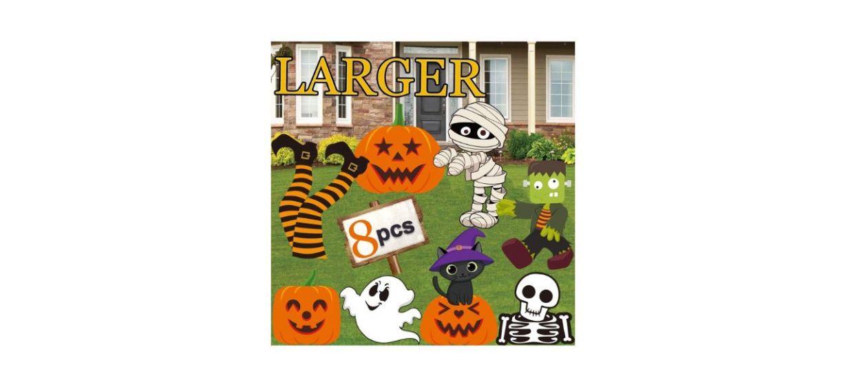 Eight Halloween Yard signs to stick in a lawn. It includes images of pumpkins, a black cat in a purple witch hat, a skeleton, a mummy, Frankenstein's monster, a ghost and a witch's upside-down legs.