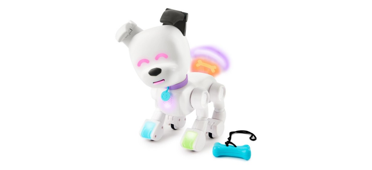 White Robot Dog next to blue bone