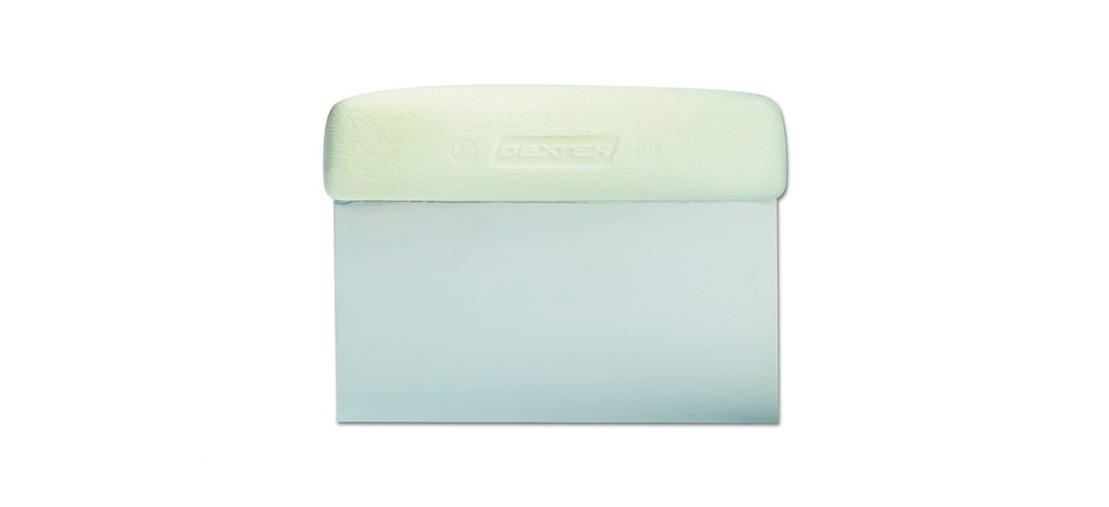 A light blue scraper with a light green handle on top. It's thin and rectangular shaped.