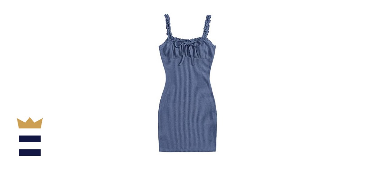 Floerns Womens Sleeveless Frill Trim Ruched Bust Tie Front Knit Bodycon Dress