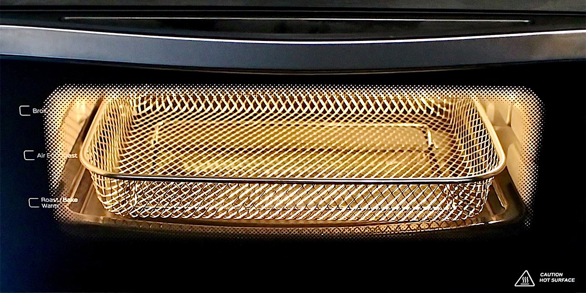 Closeup of Instant Omni Air Fryer Toaster Oven Combo with inside light on