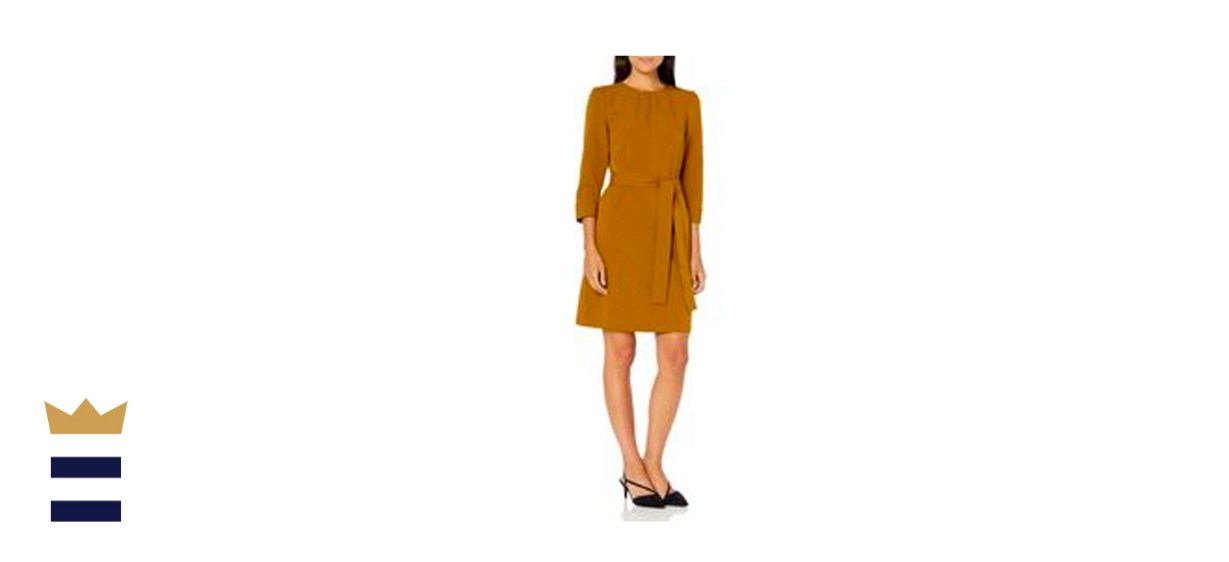 Lark &amp; Ro Florence Three Quarter Puff Sleeve Stitch Detail Belted Dress