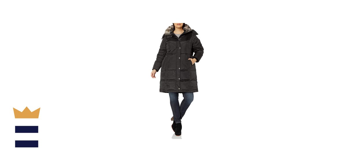 London Fog Women’s Plus-Size Mid-Length Faux-Fur Collar Down Coat with Hood