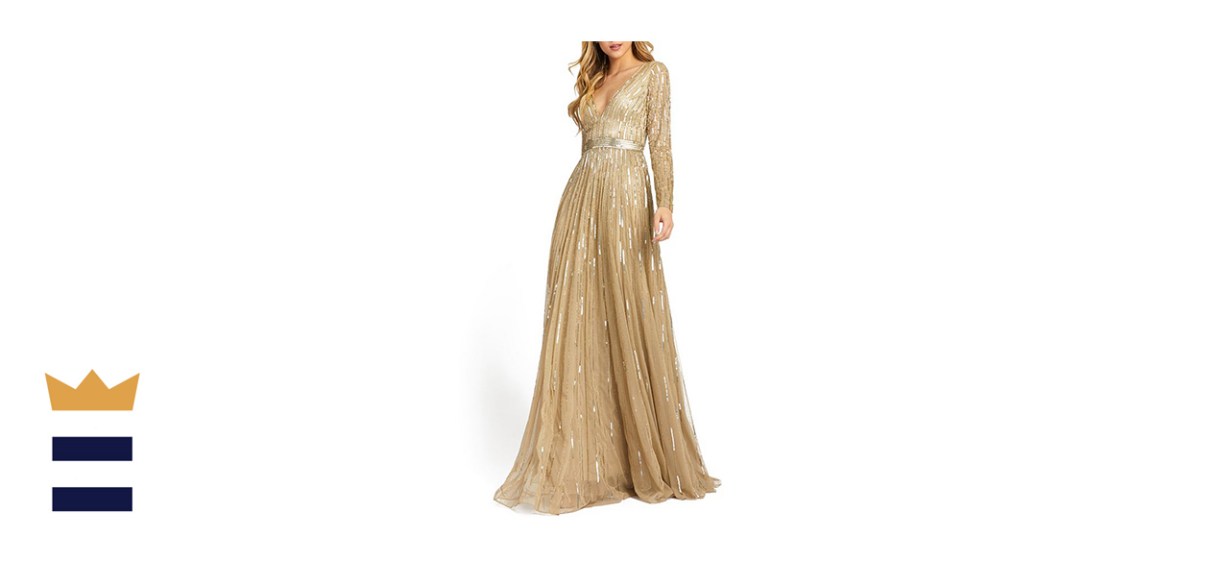 Mac Duggal Embellished V-Neck Gown in Gold