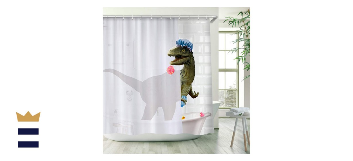 Image of a shower curtain depicting a dinosaur