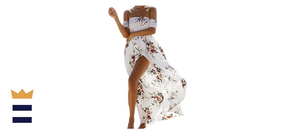 Svaliy Women’s Floral Off-the-Shoulder Split Chiffon Maxi Dress