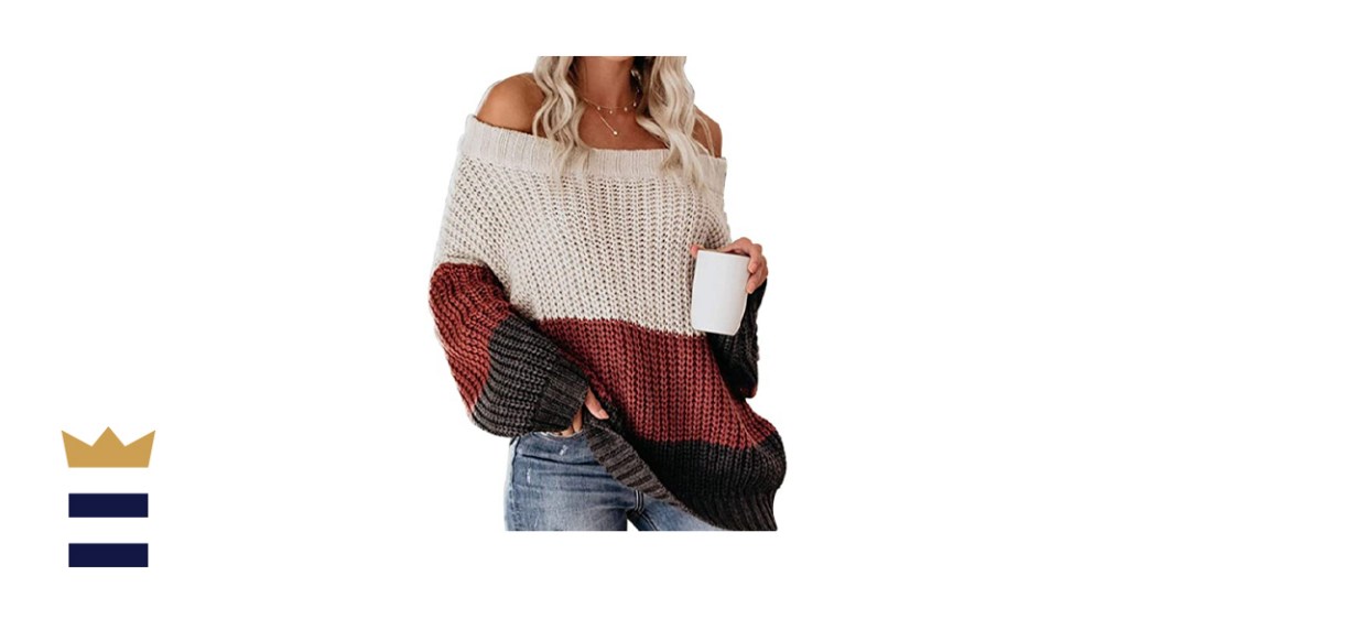 VIMPUNEC Women's Oversized Off The Shoulder Color Block Sweater
