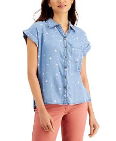 Style and Co Printed Chambray Camp Shirt