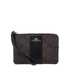 Coach Corner Zip Wristlet in Signature Coated Canvas with Leather Stripe