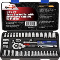EPAuto 1/4-Inch & 3/8-Inch Drive Socket Set with Reversible Ratchet, 40 Pieces
