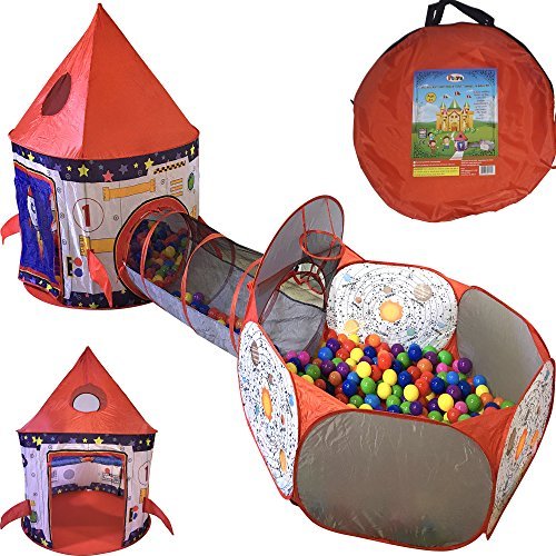 Playz 3-Piece Rocket Ship Astronaut Kids' Play Tunnel &amp; Ball Pit with Basketball Hoop