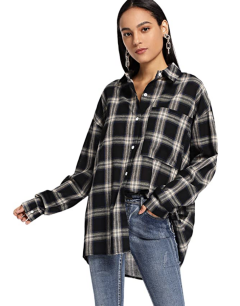 SweatyRocks Women's Long Sleeve Collar Long Button Down Plaid Shirt